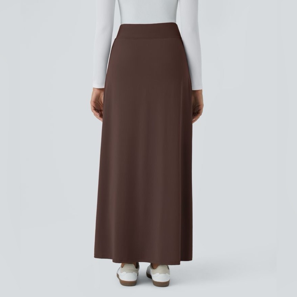 NWT HALARA Brown High Waisted Decorative Buckle Split 2-in-1 Maxi Casual Skirt - Picture 2 of 10